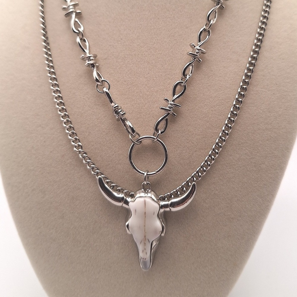 Steer skull pendant necklace statement multi-layered chain tone Western gothic